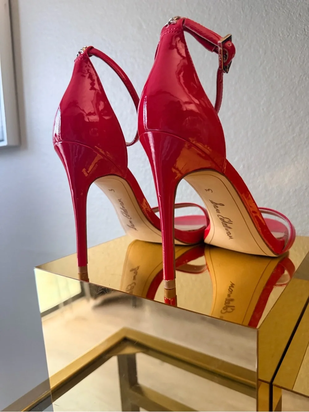 Sam Edelman Red Patent Ankle-Strap Heels with Gold Accents - Picture 5 of 13